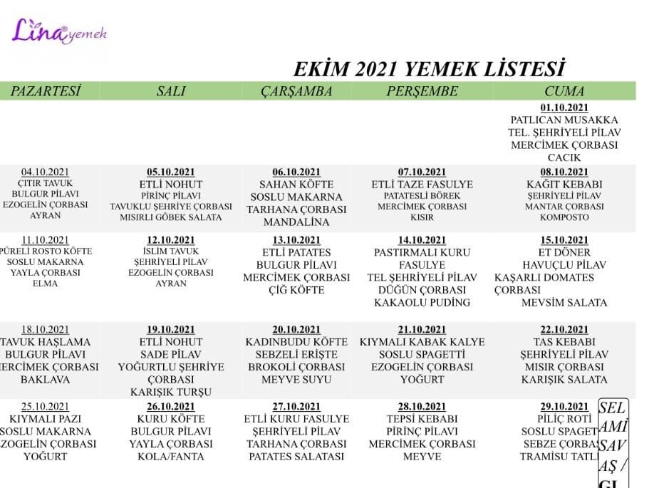 AYLIK YEMEK LİSTESİ AYLIK YEMEK LİSTESİ